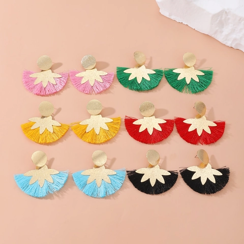 Bohemian Fan Shaped Tassel Drop Earrings For Women Oversized Alloy Floral Gold Plated Fashion Jewelry For Party Vacation