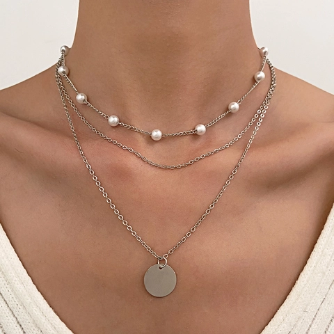 Vintage Layered Alloy Necklace For Women Minimalist Starburst Faux Artificial Pearl Disc Pendant Multi-Layer Gold Silver Jewelry Gift