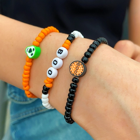 Pulsera de Cuentas de Halloween para Mujer Bohemio Calabaza Fantasma Calavera Amuleto Spooky Boo Letra Pulseras Elásticas Fiesta Joyería
