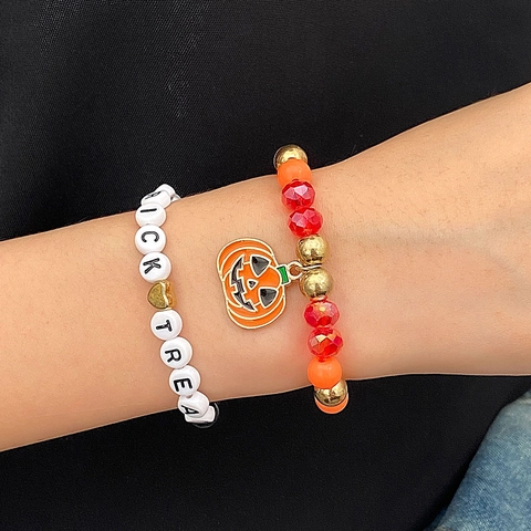 Pulsera de Cuentas de Halloween para Mujer Bohemio Calabaza Fantasma Calavera Amuleto Spooky Boo Letra Pulseras Elásticas Fiesta Joyería