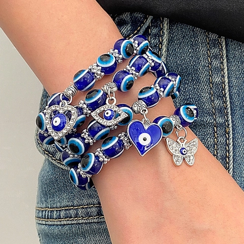 Pulsera de Cuentas de Resina Nazar Evil Eye Bohemio Con Colgante de Mano de Fátima Mariposa Corazón Animal Joyería de Aleación Plata Amuleto Mujer Regalo