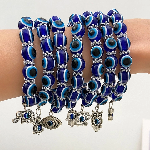 Pulsera de Cuentas de Resina Nazar Evil Eye Bohemio Con Colgante de Mano de Fátima Mariposa Corazón Animal Joyería de Aleación Plata Amuleto Mujer Regalo
