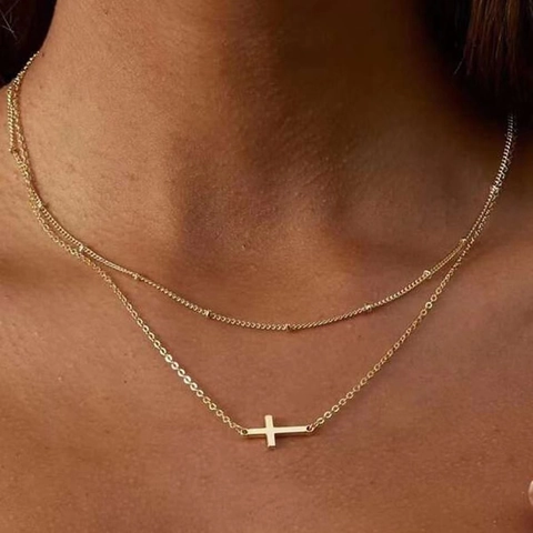 Doppellagige Kreuz Anhänger Halskette Für Damen Vergoldet Versilbert Legierung Minimalistische Satelliten Perlenkette Schlüsselbein Kette Modeschmuck