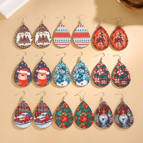 Christmas Wooden Earrings For Women Printed Teardrop Santa Snowman Reindeer Wood Dangle Earrings Festive Holiday Party Jewelry