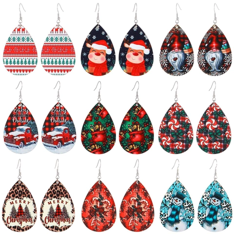 Christmas Wooden Earrings For Women Printed Teardrop Santa Snowman Reindeer Wood Dangle Earrings Festive Holiday Party Jewelry