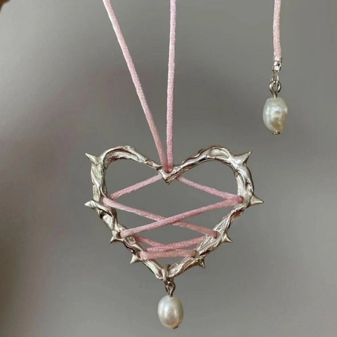 Legierung Dornenherz Anhänger Halskette Mit Künstlicher Perle Bandschleife Gothic Sweet Cool Style Verstellbarer Schmuck Für Damen