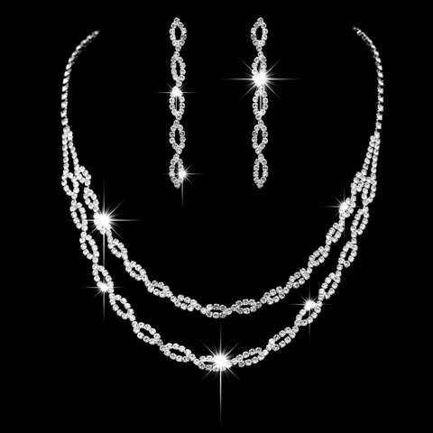 Brautschmuck Strass Doppelstöckige Halskette Ohrringe Hochzeit Accessoires Legierung Silberton Damen