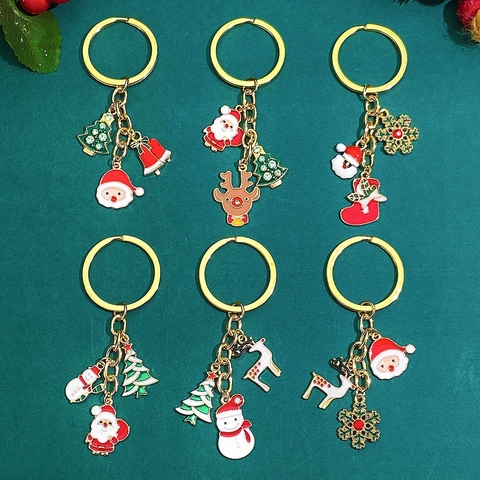 Christmas Keychain Zinc Alloy Enamel Santa Claus Reindeer Christmas Tree Pendant Rhinestone Holiday Bag Accessories Gift