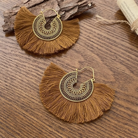 Pendientes Largos con Borlas en Forma de Abanico Bohemios para Mujer Pendientes Étnicos de Aleación Calados Retro Joyería
