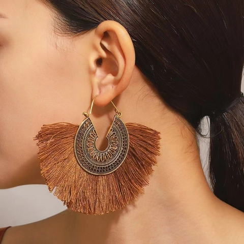 Pendientes Largos con Borlas en Forma de Abanico Bohemios para Mujer Pendientes Étnicos de Aleación Calados Retro Joyería
