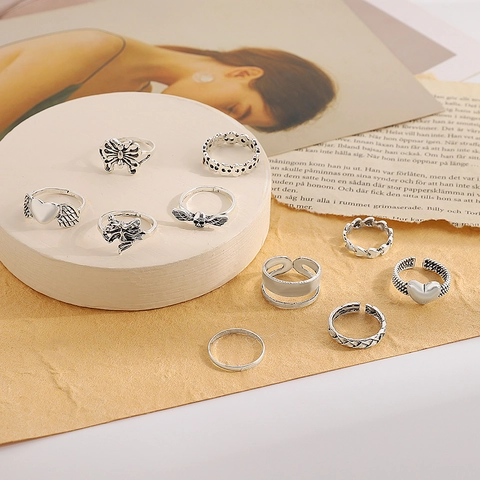 Vintage Gothic Alloy Ring Set Butterfly Heart Skull Antique Silver Gold Plated Punk Bohemian Fashion Jewelry Women Finger Rings