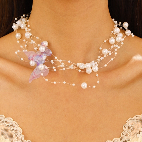 Elegante Mehrlagige Künstliche Perlenkette Mit Schmetterling Für Damen Feenstil Hochzeit Braut Stoffblumen Schmuckzubehör