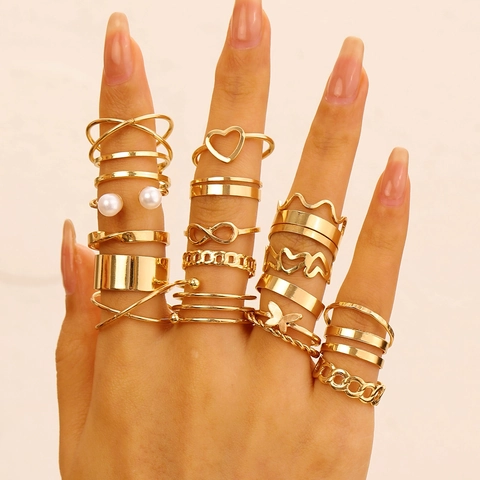 Vintage Zinc Alloy Rhinestone Ring Set For Women Retro Bohemian Heart Butterfly Artificial Pearl Open Joint Ring Jewelry