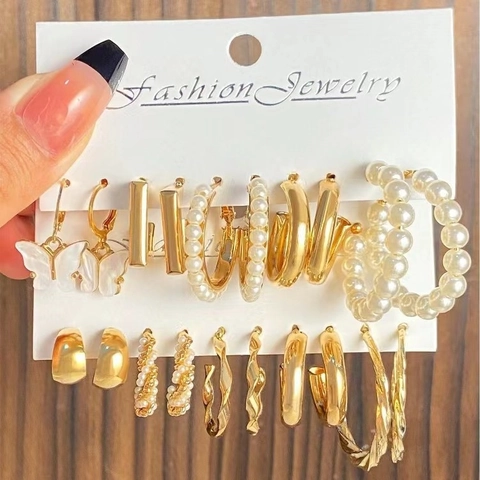 Collezione Orecchini in Lega Perle Artificiali Strass Geometrici Farfalla Cerchi e Bottone Oro Argento Acrilico Gioielli per Donna