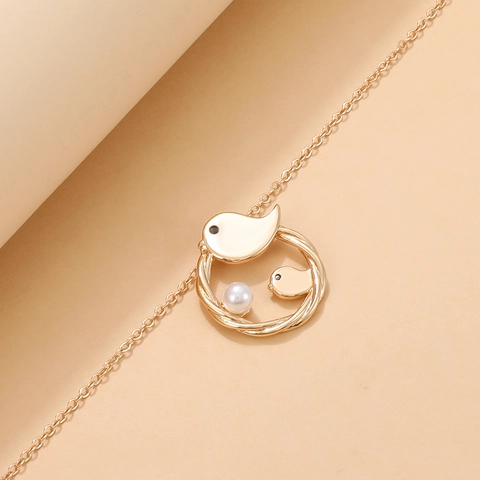 Minimalist Alloy Pendant Necklace Mother Child Bird Nest Faux Artificial Pearl Blue Turquoise Stone Elegant Commuter Jewelry Gift