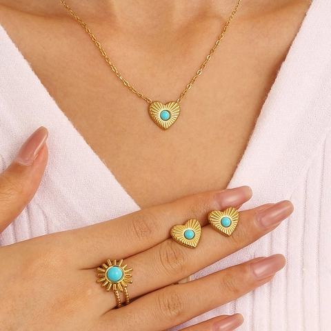 Vintage Titanium Staal Hart Zonnestraal Sieraden Verguld Halsketting Oorknopjes Ring Turkoois Steen Accessoire Voor Vrouwen