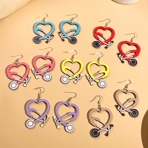 Orecchini Pendenti Creativi in Legno a Forma di Cuore e Stetoscopio per Infermiera Medico Tema Medico Gioielli Professionali per Donna Regalo