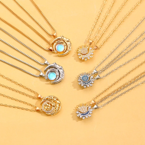 Fashion Sun Moon Couple Necklace Copper Rhinestone Pendant Magnetic Matching Jewelry Set For Best Friends Lover Gift
