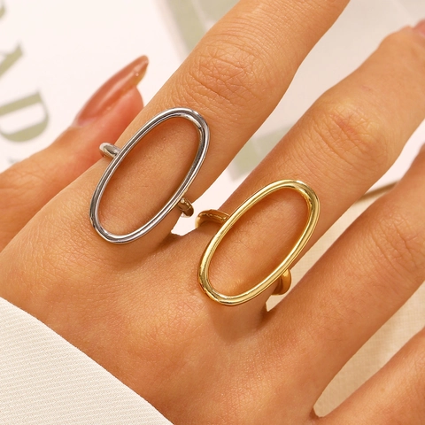 Minimalist Stainless Steel Alloy Hollow Geometric Oval Open Ring Adjustable Fashion Jewelry For Women Gold Silver Finger Ring