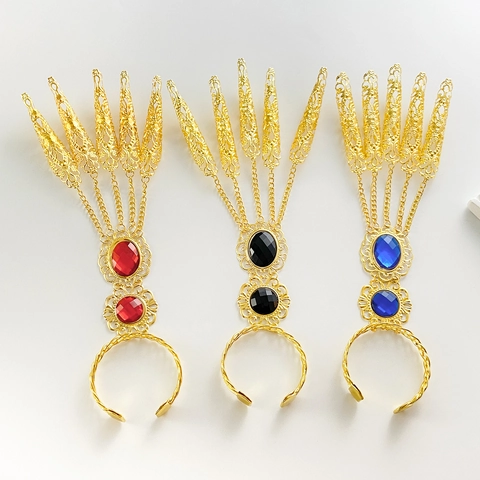 Ethnic Gold Alloy Hollow Finger Armor Hand Chain With Gemstone For Belly Dance Performance Women Fashion Jewelry