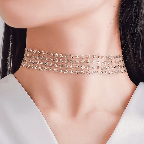 Fashion Mesh Rhinestone Choker Necklace For Women Elegant Sequin Gauze Adjustable Neck Strap Jewelry Shinning Collar Neckband