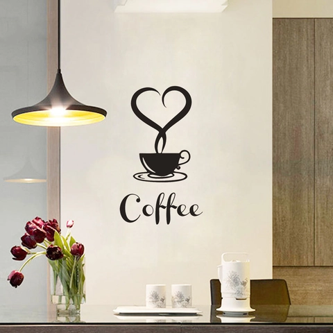 Adesivo da Parete Moderno in PVC con Tazza di Caffè Motivo a Cuore e Scritte per Cucina Bar Sala da Pranzo Decorazione Casa