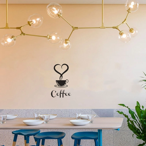 Adesivo da Parete Moderno in PVC con Tazza di Caffè Motivo a Cuore e Scritte per Cucina Bar Sala da Pranzo Decorazione Casa