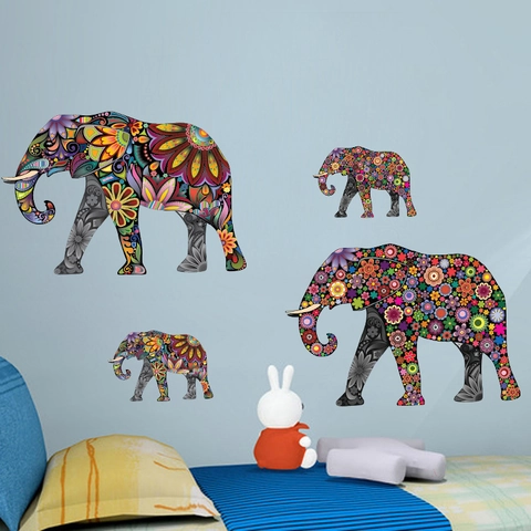 Bunte Mandala Elefant Wandtattoo PVC Wasserdicht Blumen Tier Wandaufkleber Für Wohnzimmer Schlafzimmer Deko