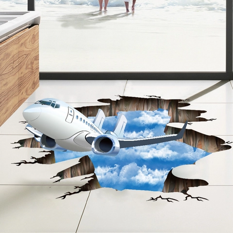3D Zerstörte Wand Flugzeug Blauer Himmel Wolken Wandaufkleber Abnehmbar PVC Bodenaufkleber Kreative Home Decor Wandbild