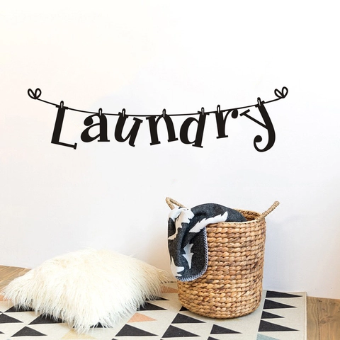 Pegatina de Pared Creativa para Lavandería PVC Tendedero Pinzas Colgantes Patrón Corazón Negro Decoración Hogar DIY para Sala