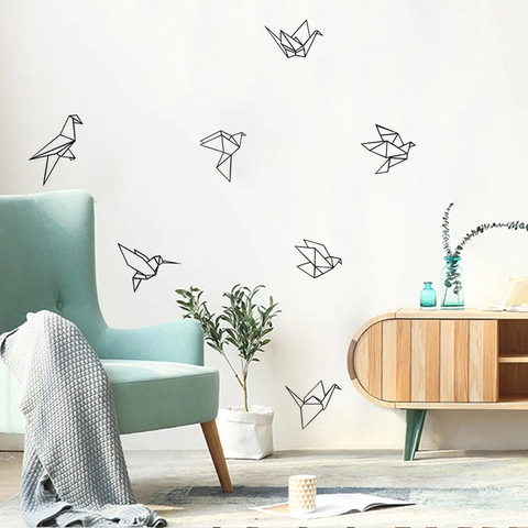 Nordic Geometric Origami Bird Wall Stickers PVC Removable Self Adhesive Black Crane Decals For Kids Room Bedroom Home Decor