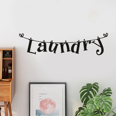 Pegatina de Pared Creativa para Lavandería PVC Tendedero Pinzas Colgantes Patrón Corazón Negro Decoración Hogar DIY para Sala