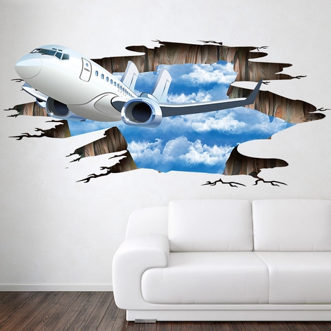 3D Zerstörte Wand Flugzeug Blauer Himmel Wolken Wandaufkleber Abnehmbar PVC Bodenaufkleber Kreative Home Decor Wandbild