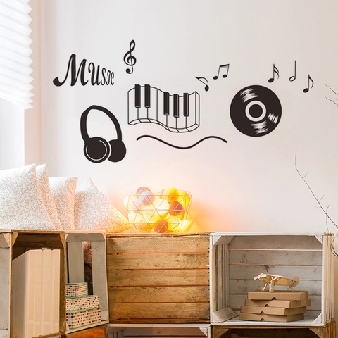 Sticker Mural en PVC Thème Musique Touches de Piano Casque Disque Vinyle Notes Murale Artistique pour Salle de Musique Classe Salon Chambre Décoration