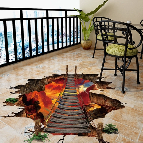 Pegatina De Pared Suelo 3D Puente Colgante Abismo PVC Removible Autoadhesivo DIY Montaña De Llamas Calcomanía Decorativa