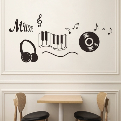 Sticker Mural en PVC Thème Musique Touches de Piano Casque Disque Vinyle Notes Murale Artistique pour Salle de Musique Classe Salon Chambre Décoration