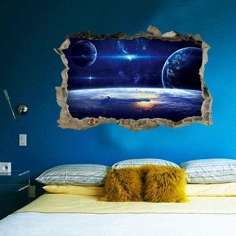 3D Space Galaxy Starry Sky Planet Broken Wall Sticker PVC Decal Space Theme Art Mural For Living Room Bedroom Home Wall Decor