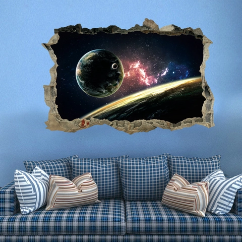 3D Broken Wall Space Wall Sticker Removable PVC Outer Space Galaxy Planet Earth Nebula Poster Mural Home Decor For Bedroom Living Room Decor