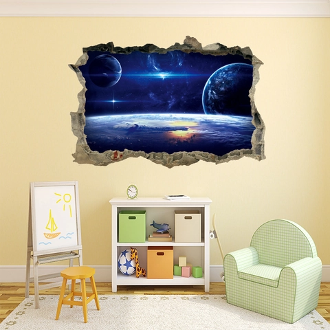 3D Space Galaxy Starry Sky Planet Broken Wall Sticker PVC Decal Space Theme Art Mural For Living Room Bedroom Home Wall Decor