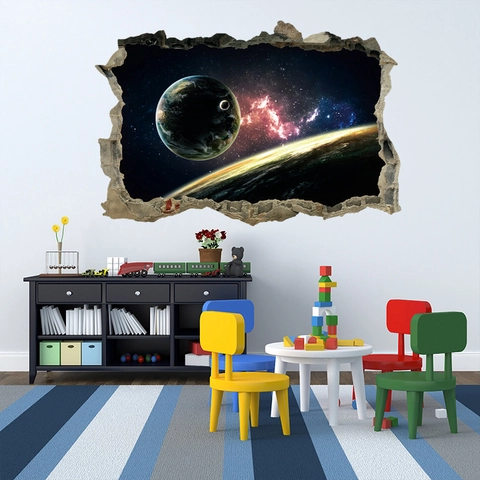 3D Broken Wall Space Wall Sticker Removable PVC Outer Space Galaxy Planet Earth Nebula Poster Mural Home Decor For Bedroom Living Room Decor