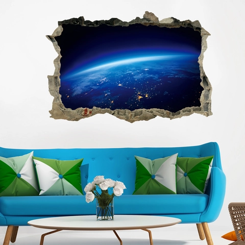 Sticker Mural 3D Effet Mur Brisé Univers Espace Terre PVC Amovible Nébuleuse Planétaire Galaxie Décoration Maison Salon Chambre