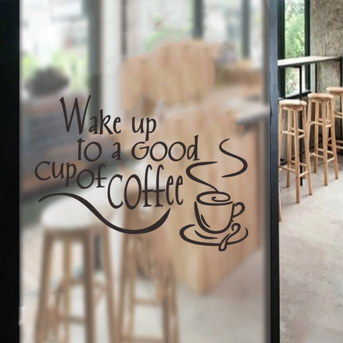 Wake Up To A Good Cup Of Coffee Wall Sticker PVC Vinyl Quote Decal Cafe Restaurant Kitchen Glass Window Decoration Wall Art
