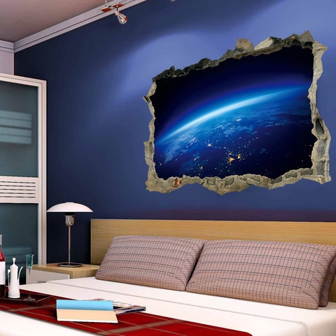 Sticker Mural 3D Effet Mur Brisé Univers Espace Terre PVC Amovible Nébuleuse Planétaire Galaxie Décoration Maison Salon Chambre