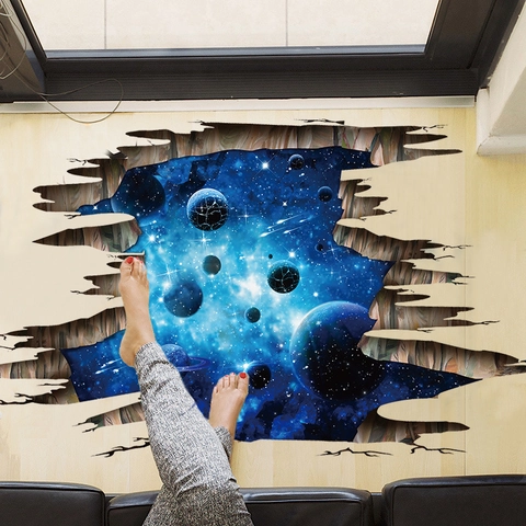 3D Blau Galaxie Sternenhimmel Wandtattoos PVC Selbstklebend Broken Wall Weltraum Planeten Aufkleber Für Wohnzimmer Schlafzimmer