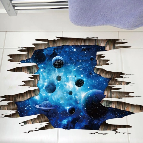 3D Blau Galaxie Sternenhimmel Wandtattoos PVC Selbstklebend Broken Wall Weltraum Planeten Aufkleber Für Wohnzimmer Schlafzimmer