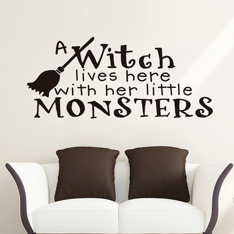 Halloween Witch Broom Wall Sticker A Witch Lives Here With Her Little Monsters Humorous PVC Decal For Living Room Decor