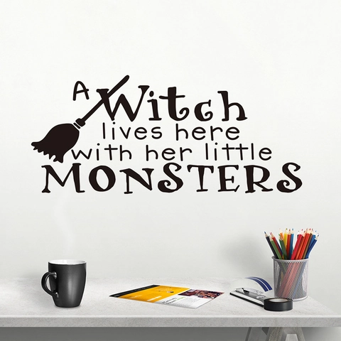 Halloween Witch Broom Wall Sticker A Witch Lives Here With Her Little Monsters Humorous PVC Decal For Living Room Decor