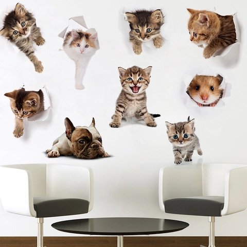 Autocollants Muraux Animaux 3D Réalistes Pour Salle de Bain Toilette Cuisine Décoratifs PVC Chat Chien Hamster Imperméables Maison