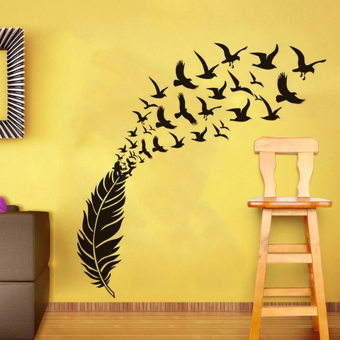 Pegatina de Pared Silueta Pluma Pájaros Creativa Moderna PVC Vinilo Calcomanía para Sala de Estar Dormitorio Decoración Arte