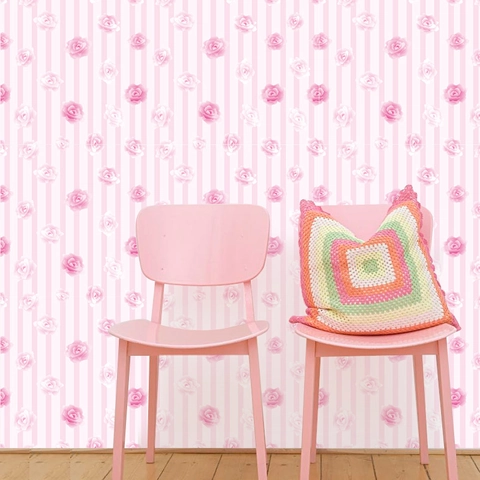 Adesivo da Parete Autoadesivo in PVC con Motivo Floreale di Rose Rosa e Strisce Verticali per Soggiorno Camera da Letto Decorazione